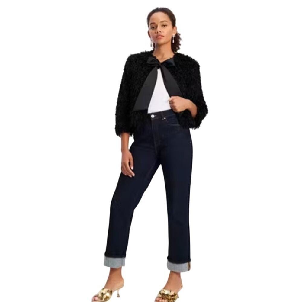 Kate Spade New York Faux Feather Bow Detail Cropped Jacket Winter Black Size 12